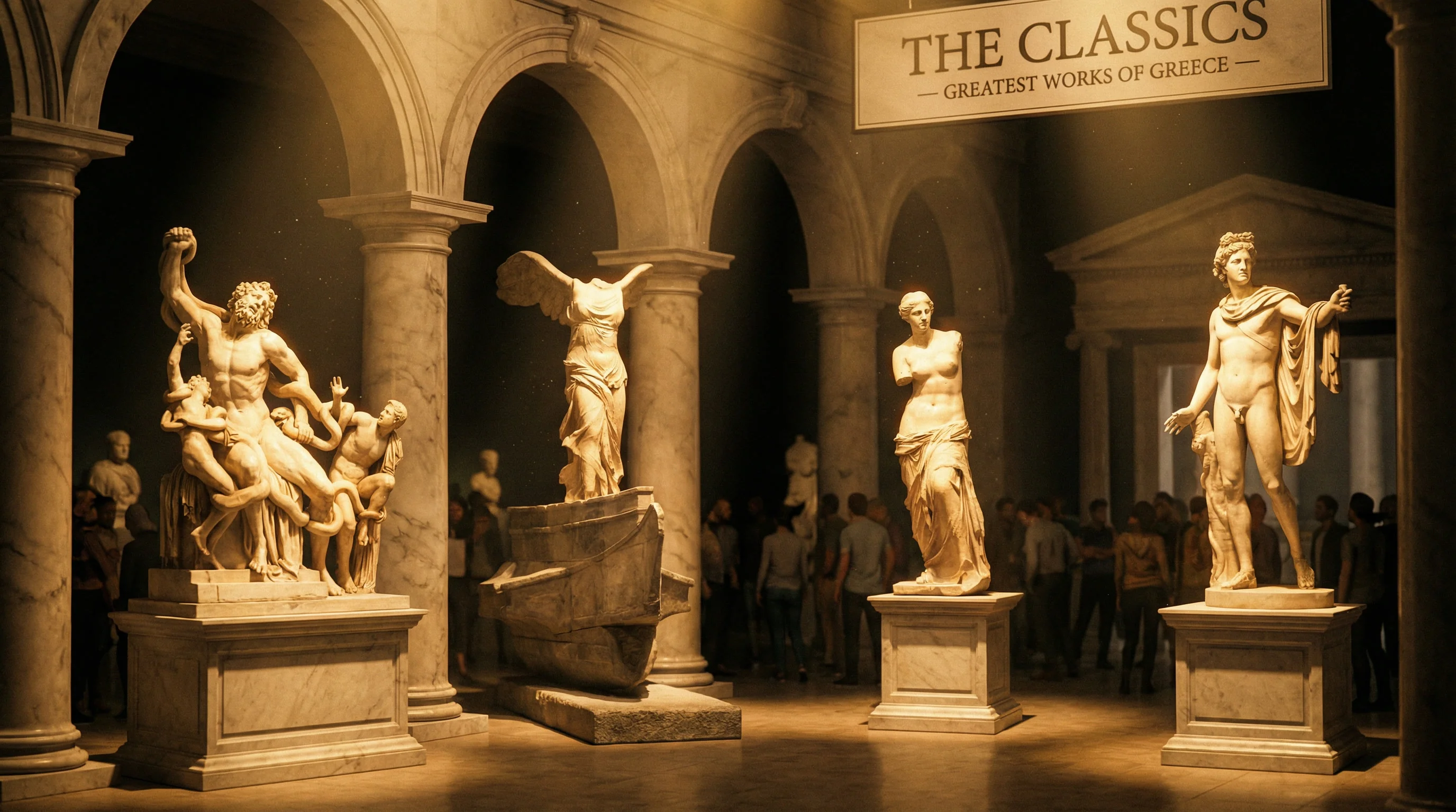 Classical Greek art gallery with sculptures and ancient artifacts