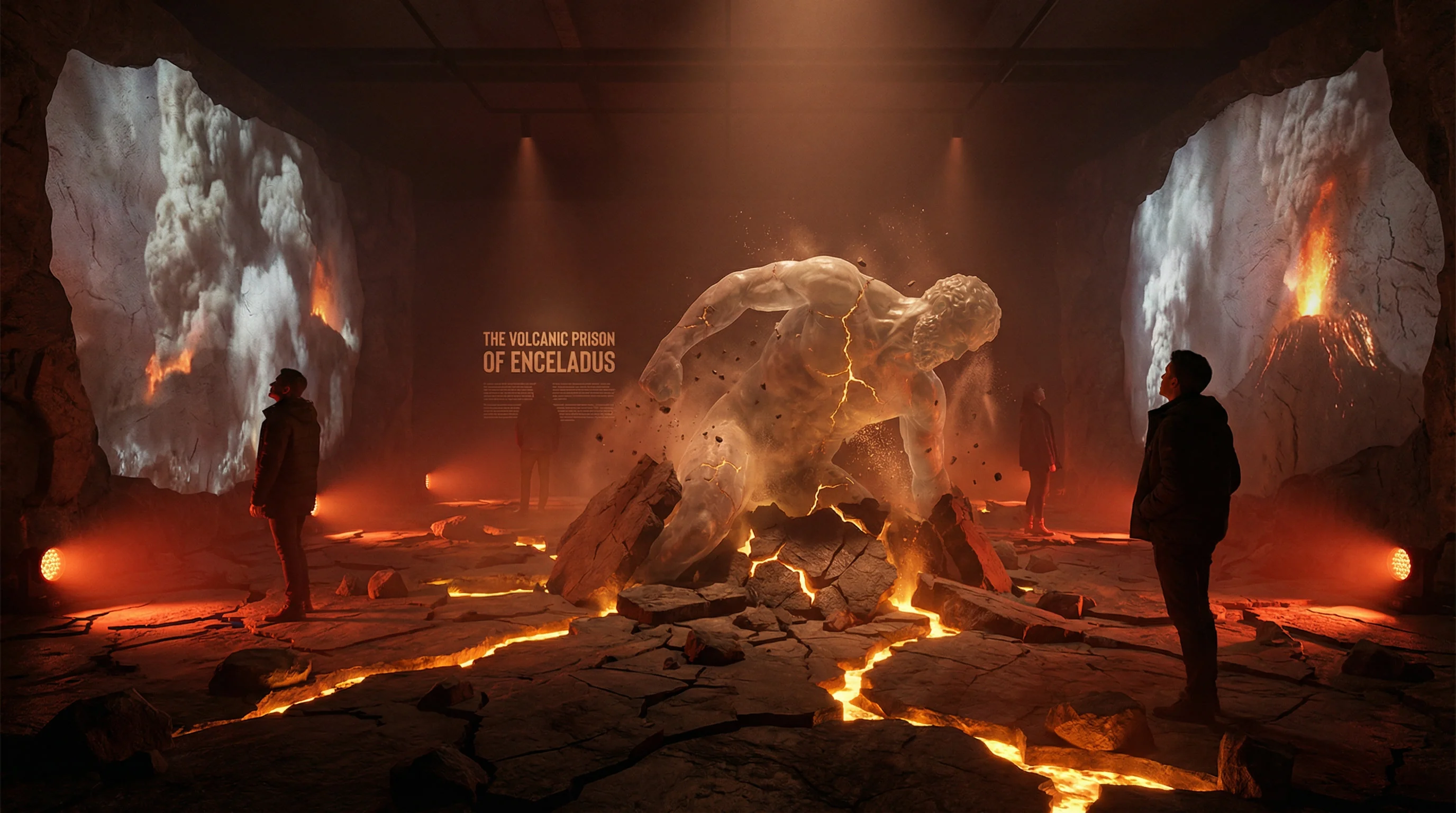 Volcanic floor with trembling effects showing imprisoned giant Enceladus