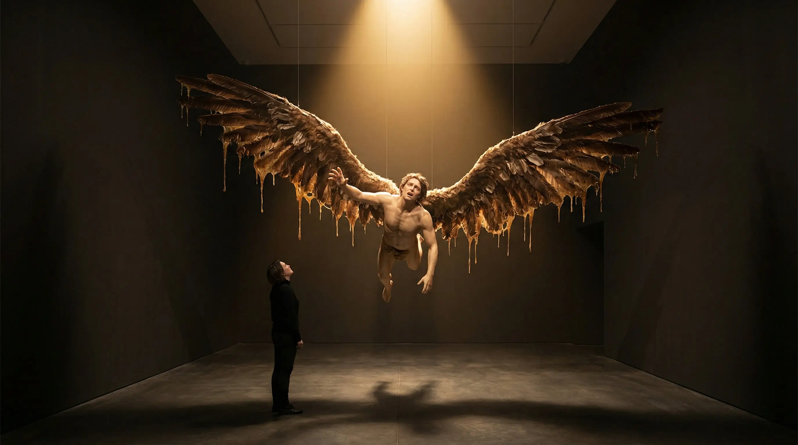 Icarus flying toward the sun with melting wax wings in dramatic scene