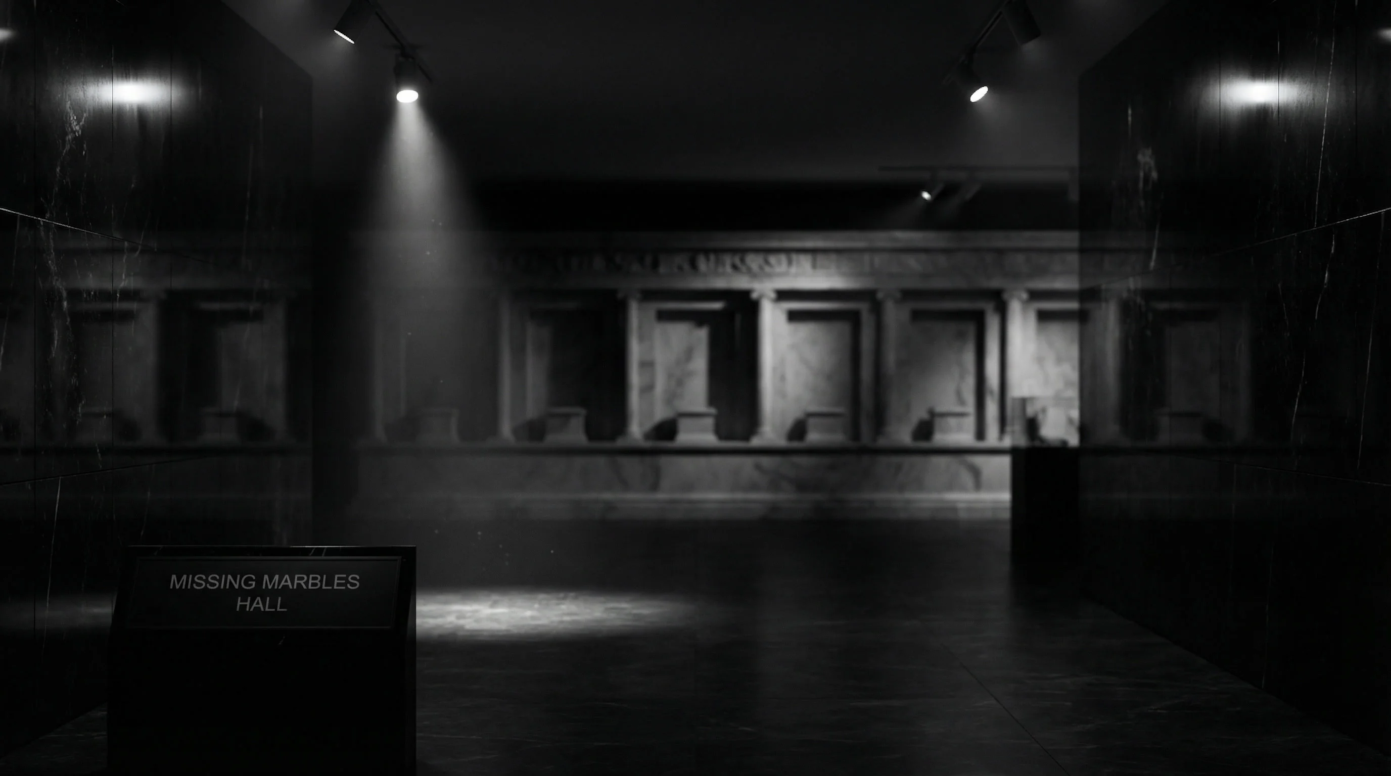 Digital void exhibit representing missing Greek antiquities and cultural heritage