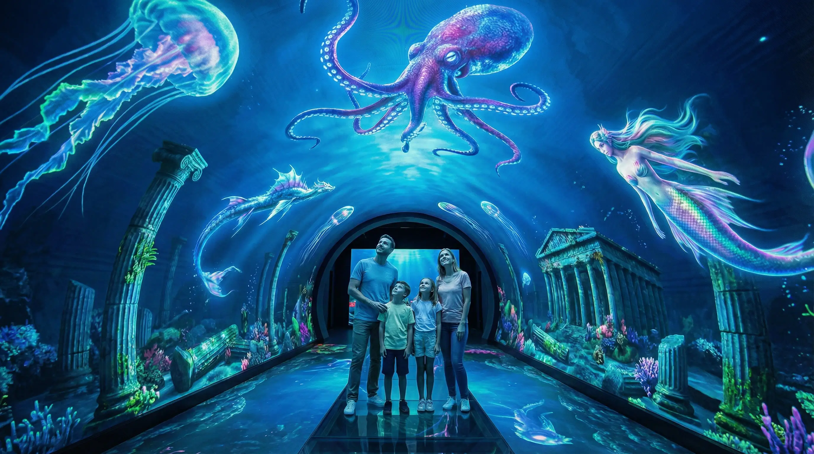 Underwater tunnel through ocean depths with marine mythology elements