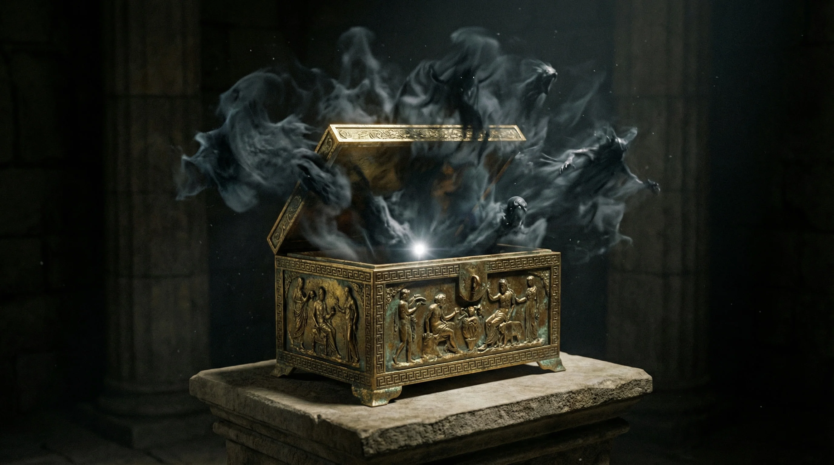 Ancient Pandora's Box artifact with mysterious glowing effects