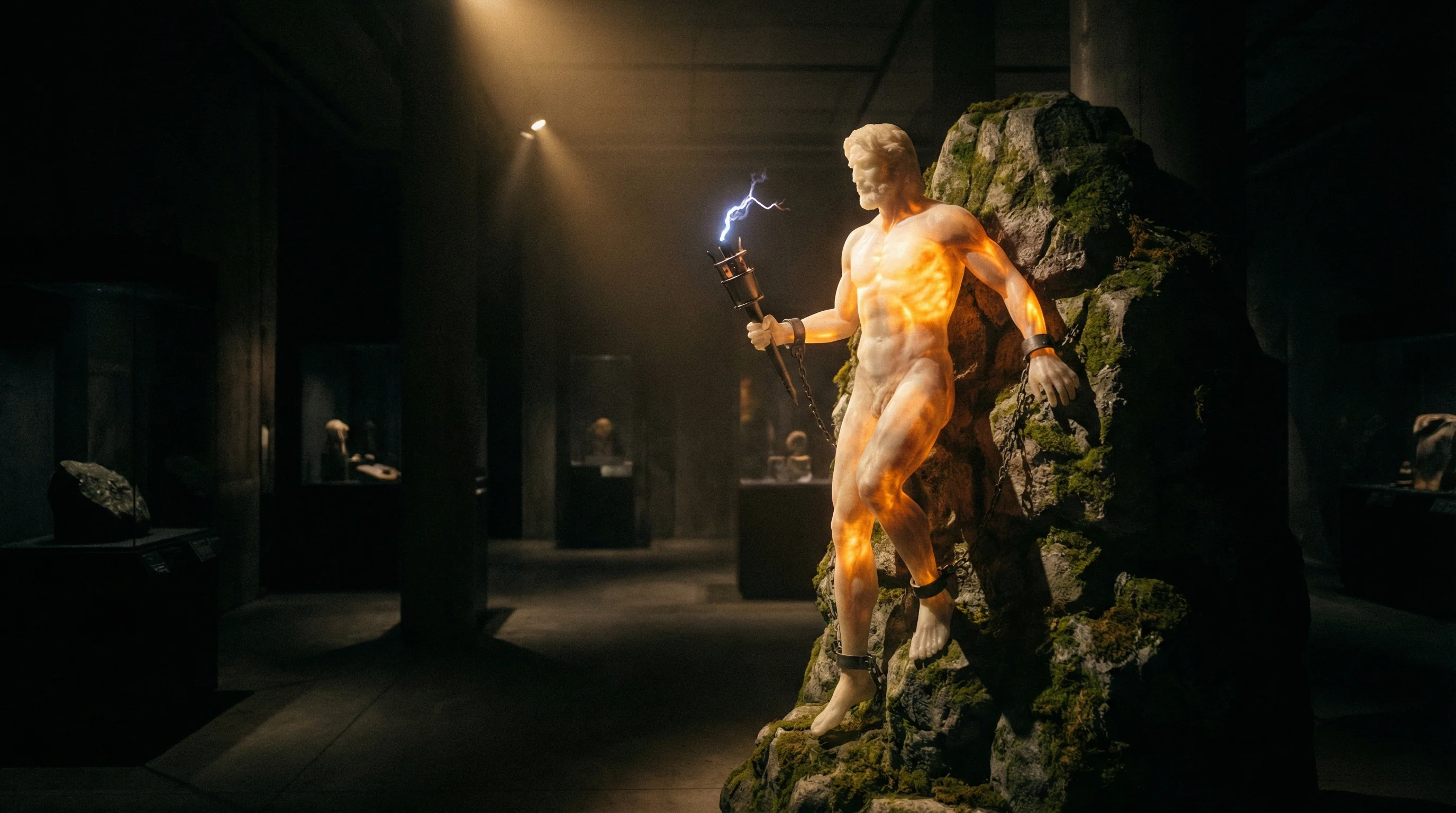 Chained Titan Prometheus with eternal flame bringing fire to humanity